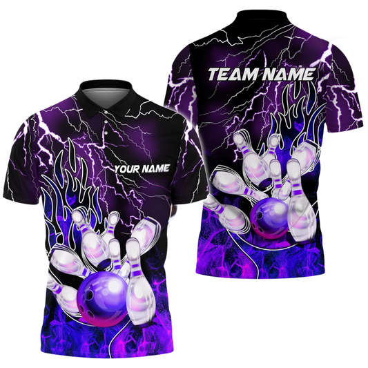 Custom Purple Flame Bowling Polo Shirt Mens, Custom Team Flame Bowling Shirts BZ0759