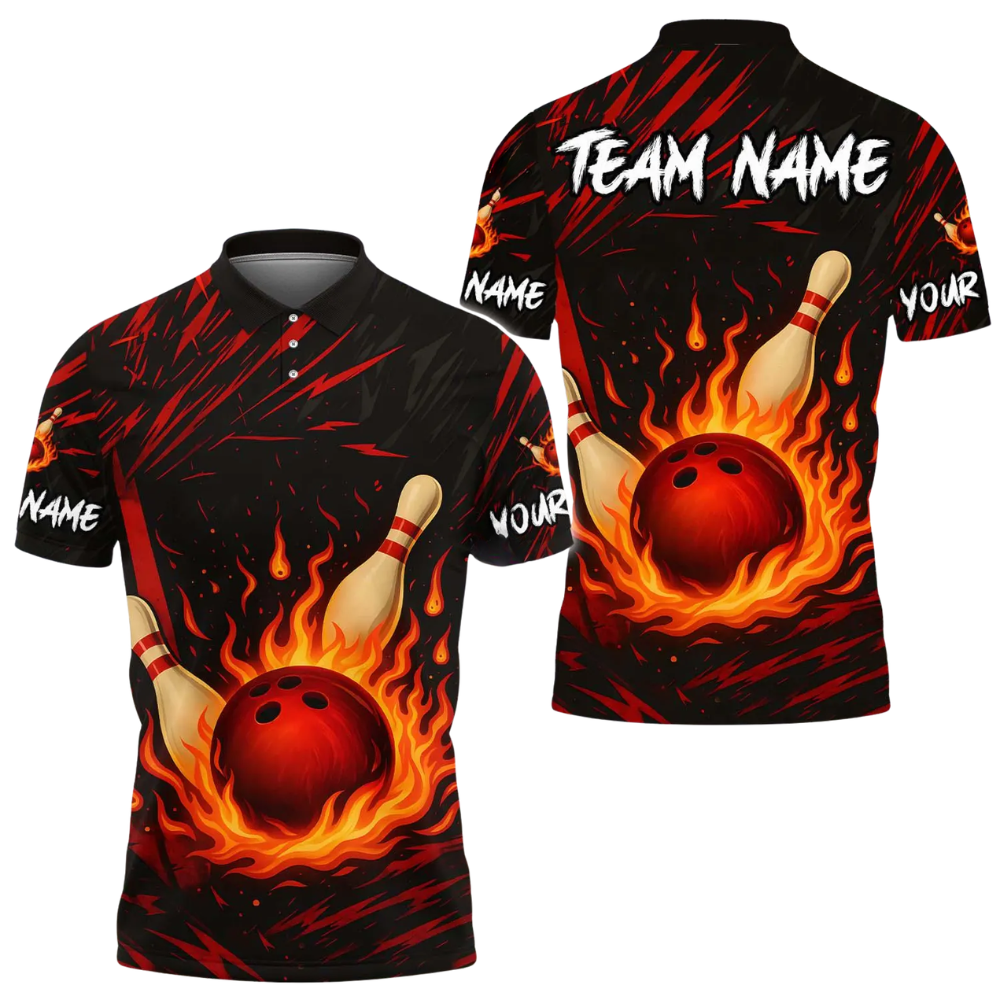 Custom Flame Ball Bowling Mens Polo Shirt, Custom Flame Bowling Team Shirts BE0198