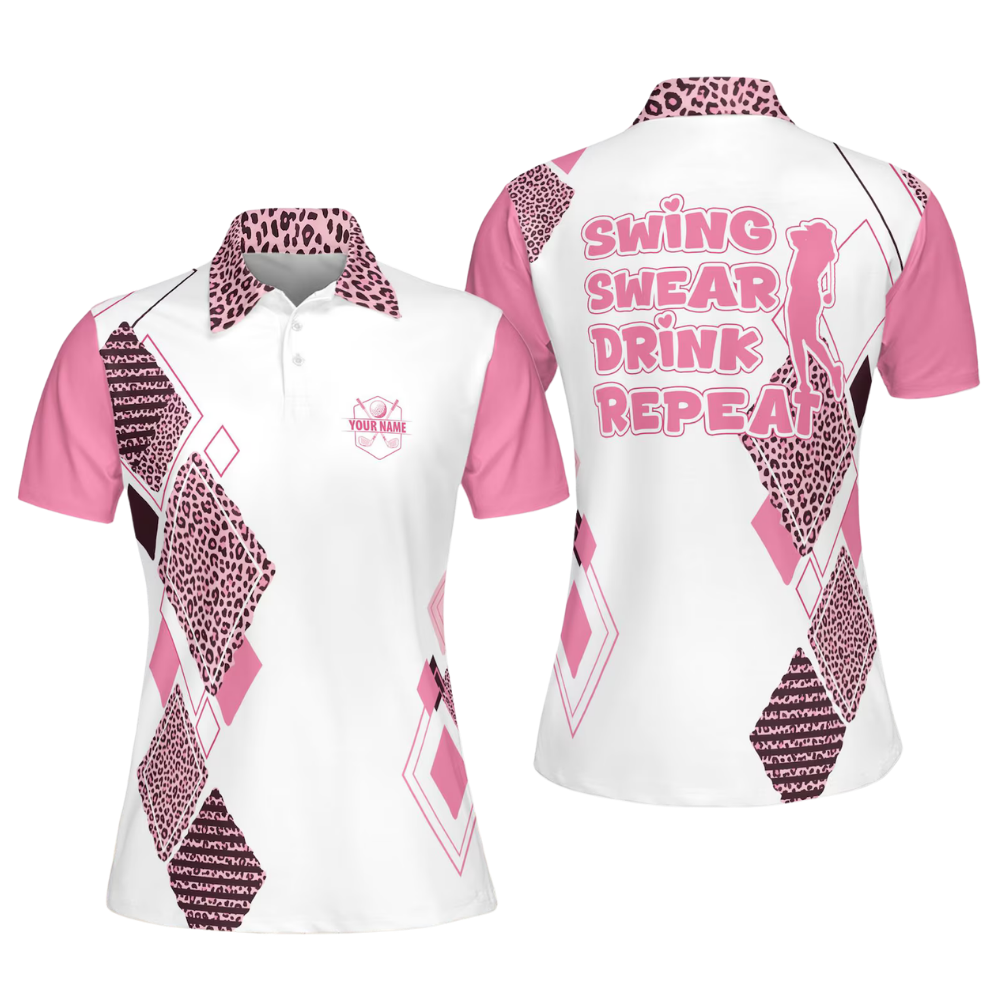 Swing Swear Drink Repeat Custom Leopard Black Pink Golf Polo Shirt Ladies, Custom Funny Golf Shirt For Women GE0601