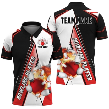 Flaming Ball Custom Bowling Mens Polo Shirt, Custom Flame Bowling Shirts For Team BZ0547