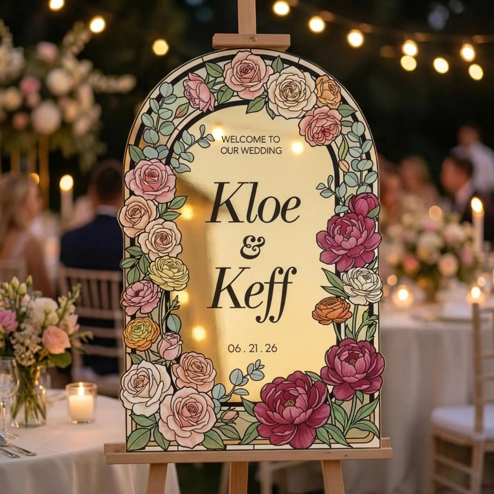 Personalized Colorful Roses Stained Glass Wedding Acrylic Mirror Sign, Custom Wedding Stained Glass Sign WD0727