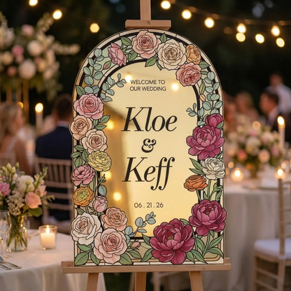 Personalized Colorful Roses Stained Glass Wedding Acrylic Mirror Sign, Custom Wedding Stained Glass Sign WD0727
