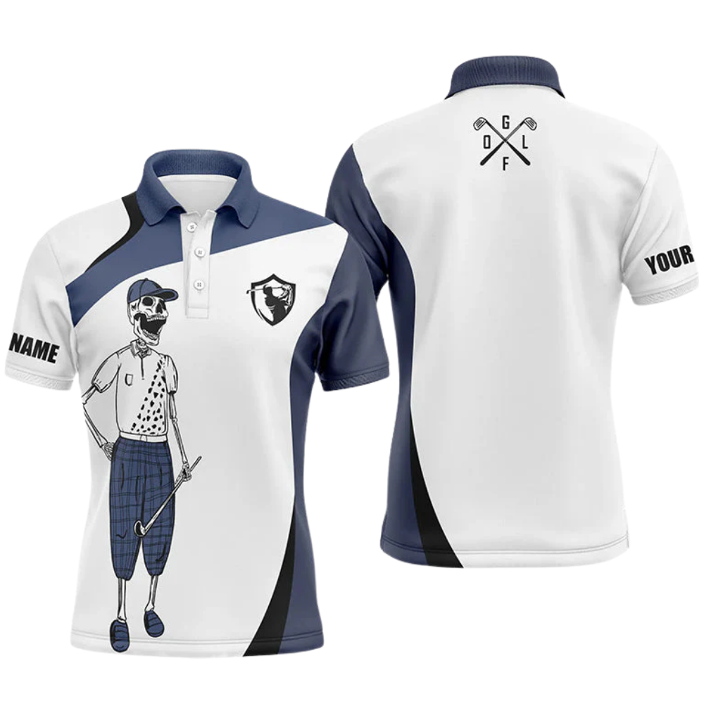 Skeleton Custom White Blue Golf Mens Polo Shirt, Custom Skull Golf Shirts GZ0326