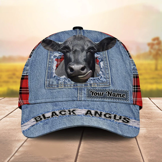 Black Angus Overall Jeans Pattern And Red Caro Pattern Customized Name Cap CA0195