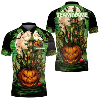 Custom Pumpkin Ball And Pins Bowling Polo Shirt For Men, Custom Team Halloween Bowling Shirt BZ0619