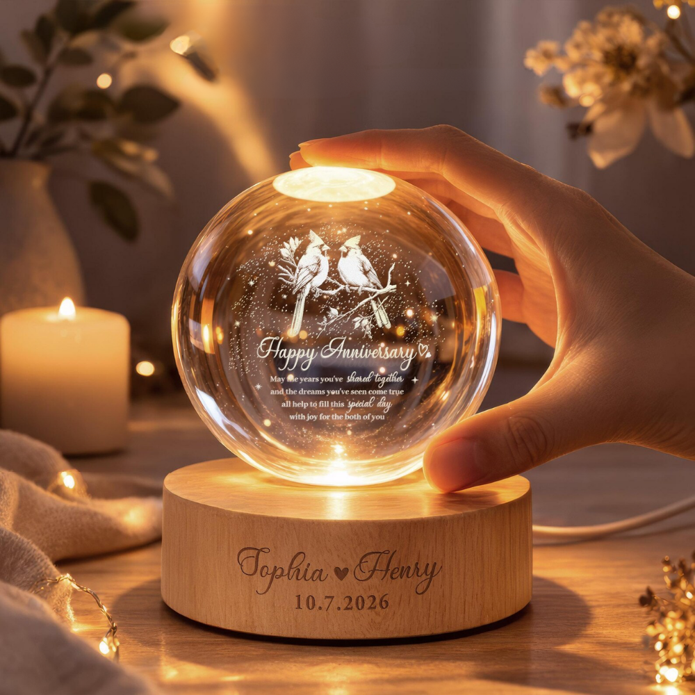 Custom Cardinals Bird Couple Crystal Ball Led Night Light, Custom Wedding Anniversary Keepsake Night Light WD0849