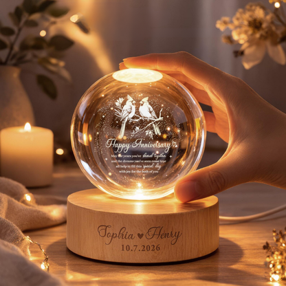 Custom Cardinals Bird Couple Crystal Ball Led Night Light, Custom Wedding Anniversary Keepsake Night Light WD0849