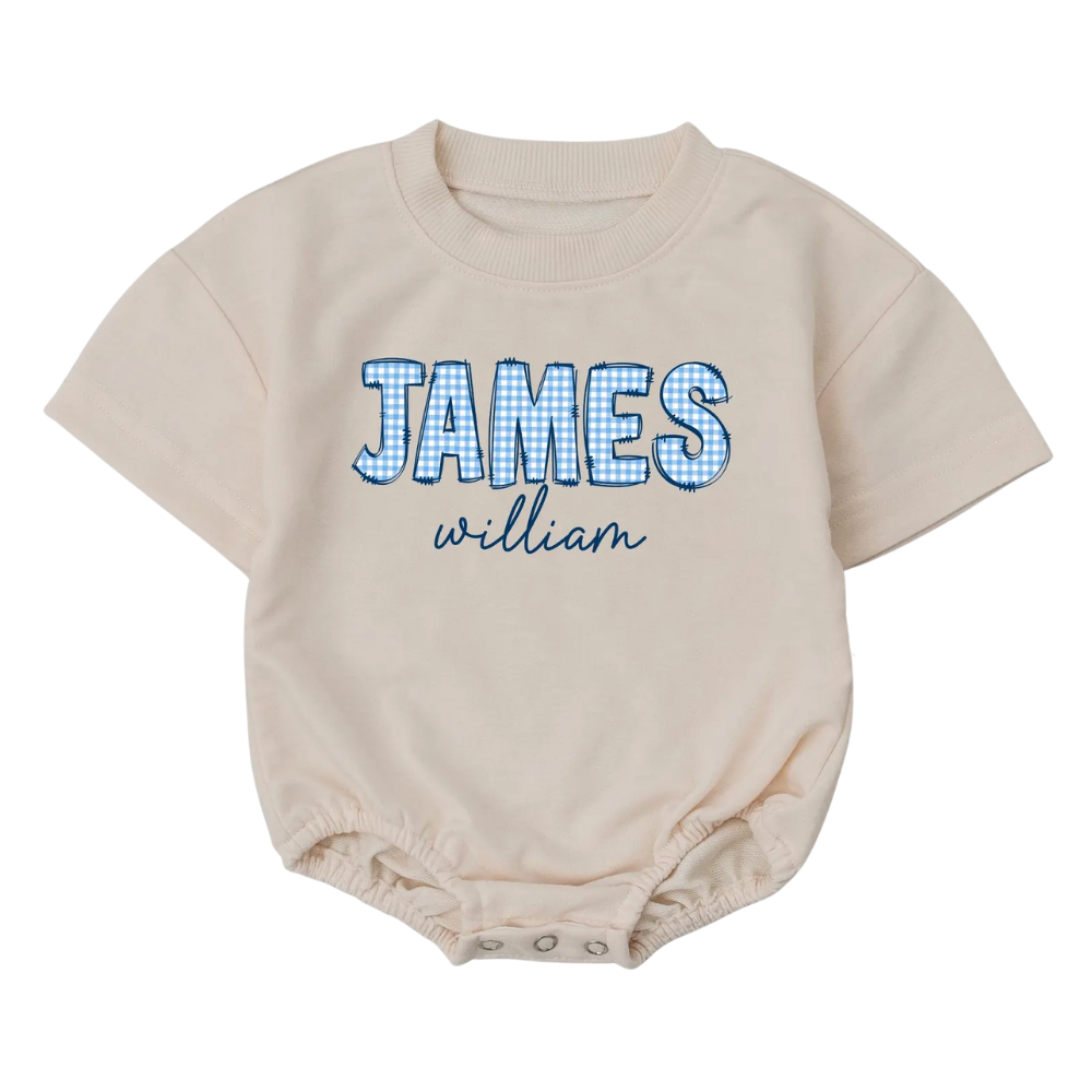 Custom Gingham Name Baby Boys T Shirt Romper, Custom Baby Romper With Name BB0040