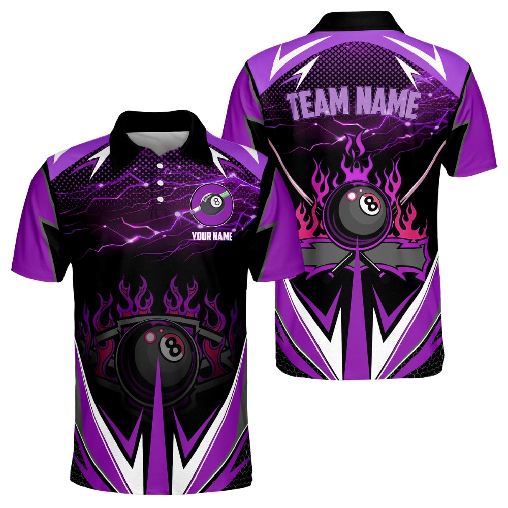 Custom Purple Thunder Flame 8 Ball Billiard Polo Shirt Mens, Custom Billiard Team Shirts BIZ0156