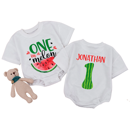 Custom One In a Melon Birthday Baby T Shirt Romper, Custom Watermelon First Birthday Romper BB0300