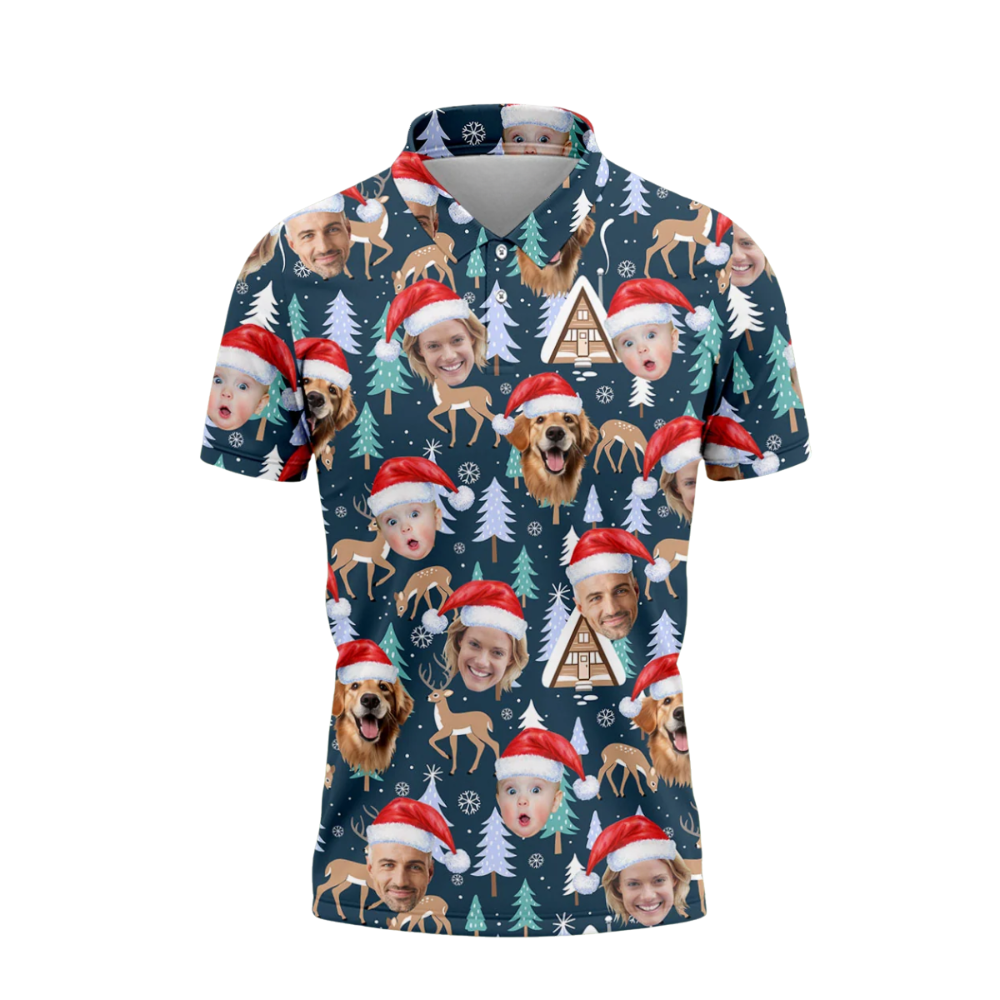 Personalized Face Reindeer Pine Tree Christmas Men's Dark Teal Golf Polo Shirts , Custom Photo Christmas Golf Shirts GZ0455