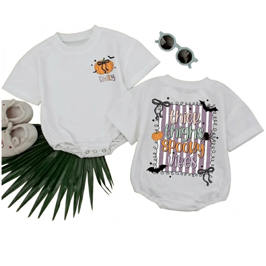 Thick Thighs Spooky Vibes Custom Baby Name Halloween TShirt Romper, Custom Funny Halloween Baby Romper BB0278