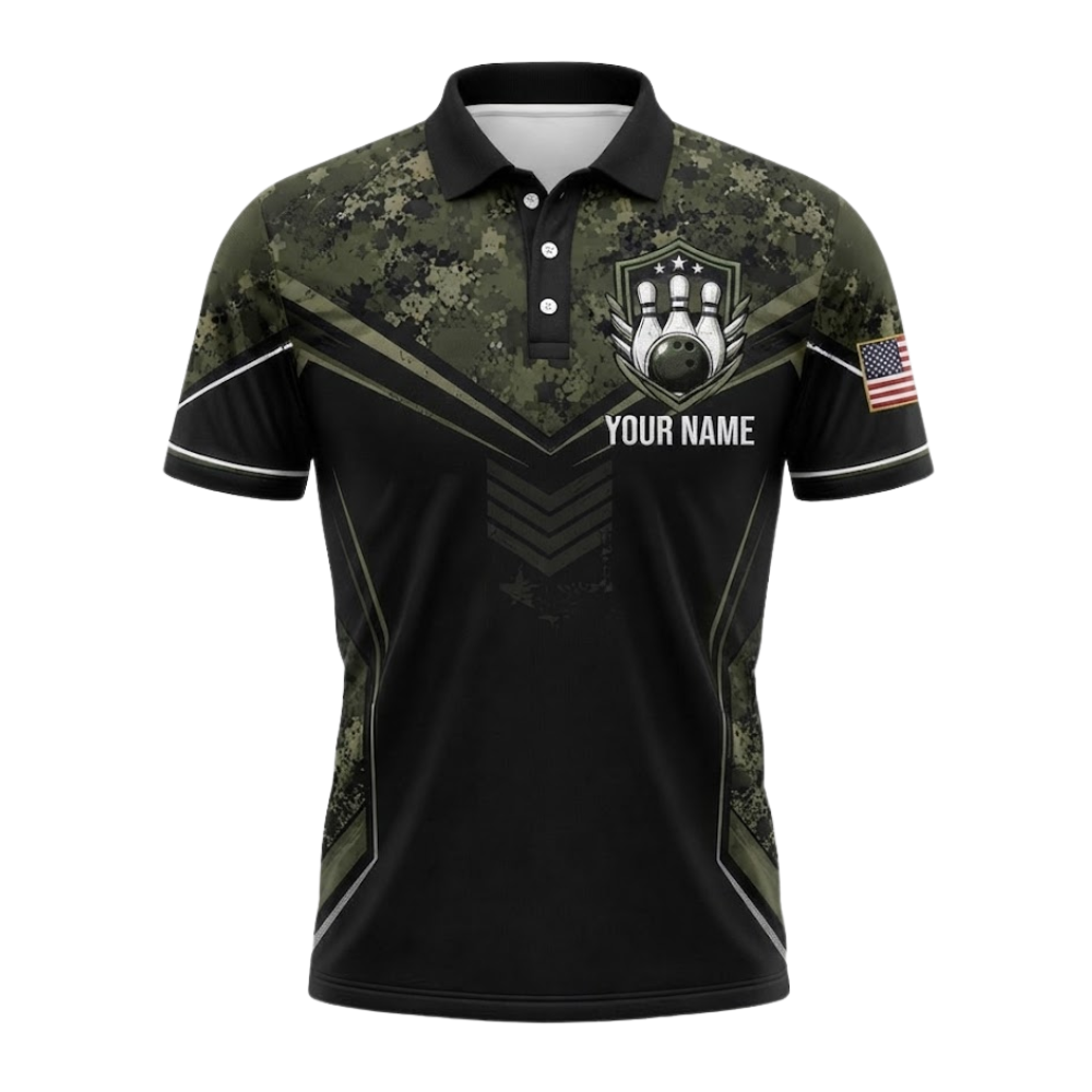 Green Camo Custom Bowling Polo Shirt For Men, Custom Camo Bowling Team Shirts BZ0941