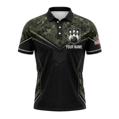 Green Camo Custom Bowling Polo Shirt For Men, Custom Camo Bowling Team Shirts BZ0941