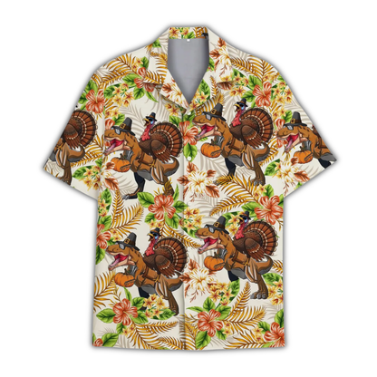 T-Rex Turkey Hawaiian Shirt For Men, Dinosaur Thanksgiving Hawaiian Shirt HE0914