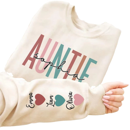 Custom Auntie Sweatshirt With Kid Names on Sleeve, Custom Sweatshirt For Aunt 2D0414