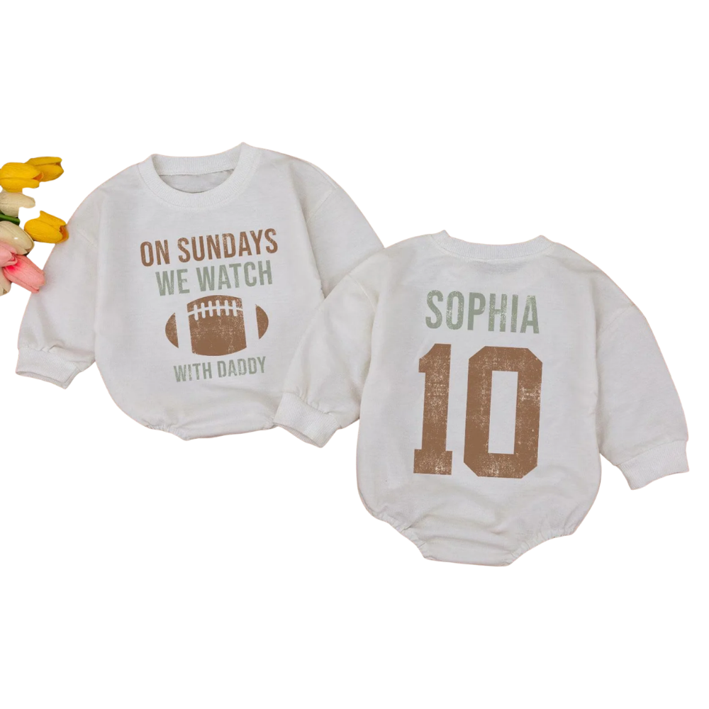 On Sunday We Watch Football With Daddy Custom Baby Romper Sweatshirt, Custom Baby Football Romper Sweater BB0520