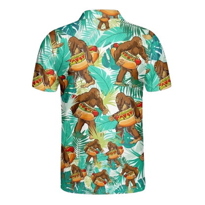 Tropical Bigfoot Hot Dog Golf Mens Polo Shirt, Sasquatch Golf Shirts GE0580