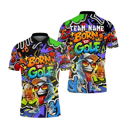 Born To Golf Personalized Team Multi Color Graffiti Beer Golf Polo Shirts Mens, Customized Funny Golf Shirts GZ0435