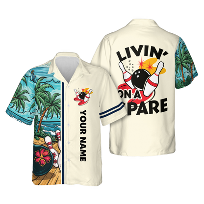 Livin' On A Spare Custom Tropical Bowling Hawaiian Shirts For Men, Custom Funny Bowling Shirts HB0200