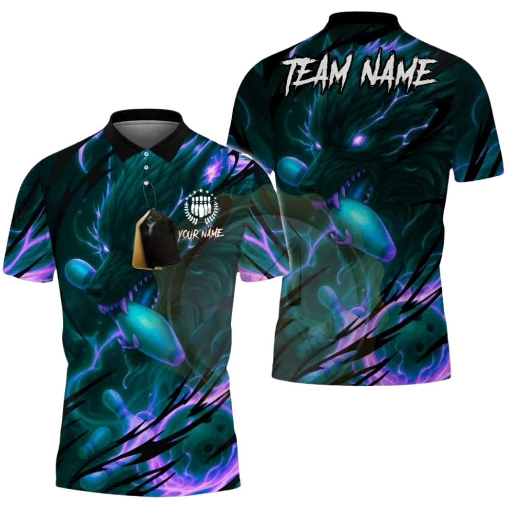 Wolf Blue Lightning Custom Mens Bowling Polo Shirt, Custom Wolf Bowling Team Shirt BZ0654