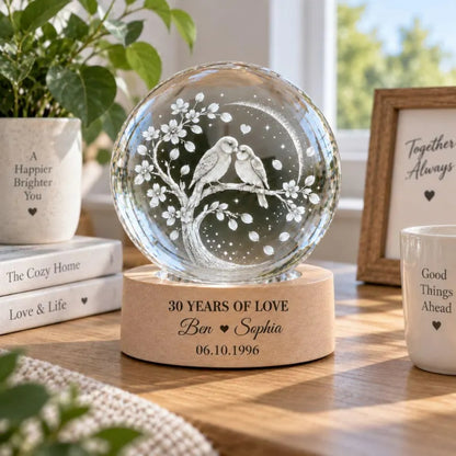 30 Years Of Love Custom Tree Birds Couple Crystal Ball Led Night Light, Custom 30th Wedding Anniversary Night Light WD0838