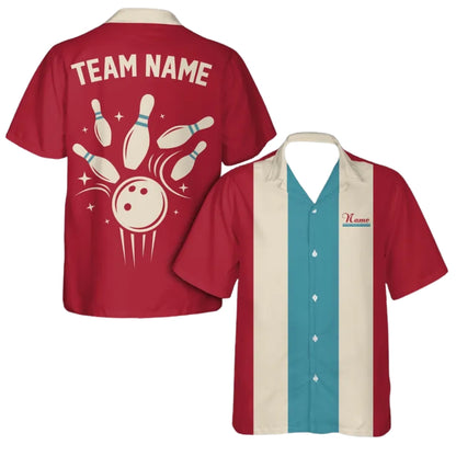 Custom Retro Blue Beige Bowling Hawaiian Shirt For Men, Custom Retro Bowling Team Shirts  BE0183