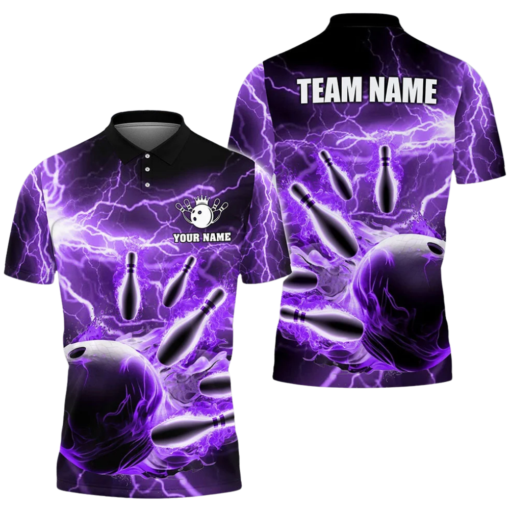 Custom Black Red Thunder Mens Bowling Polo Shirt, Custom Thunder Bowling Team Shirts BZ0739