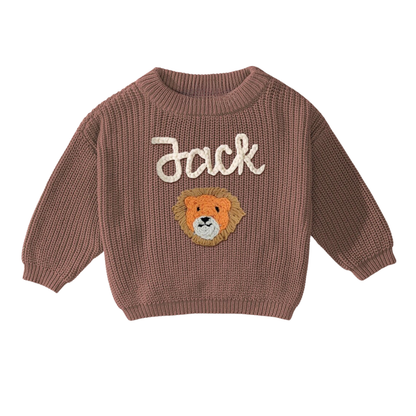 Custom Name Lion Embroidered Baby Knit Sweater, Custom Lion Knit Sweatshirt For Baby BB0125