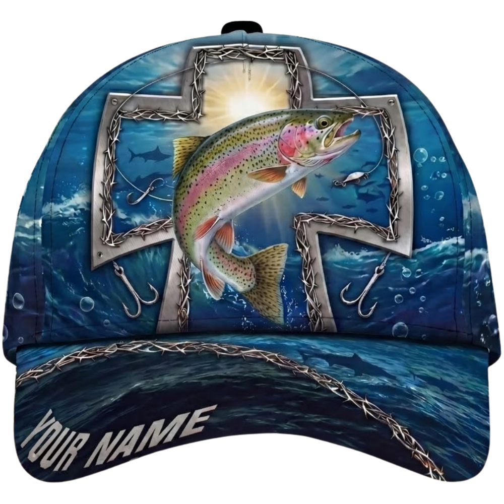 Custom Trout Fishing Cross Christian Baseball Cap, Custom Fishing Lover Cap Hat CP0607