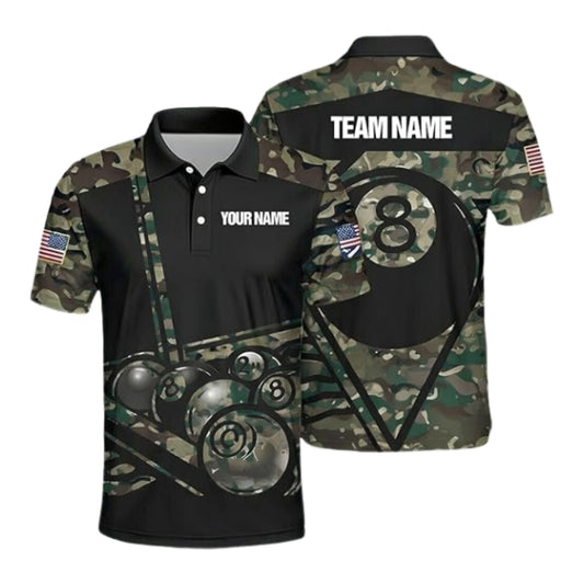 Custom Men's Camouflage 8 Ball Billiard Polo Shirt, Custom Camo Billiard Team Shirts BIZ0265