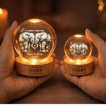Custom 14 Years Together Ivory Wedding Anniversary Crystal Ball Night Light, Custom 14th Anniversary Ivory Night Light For Him Her WD0013