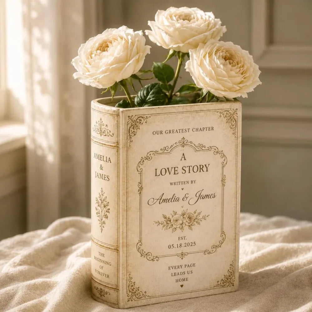 A Love Story Written By Couple Name Persoanlized Ceramic Book Vase, Custom Wedding Vase For Bridal Shower WD0364