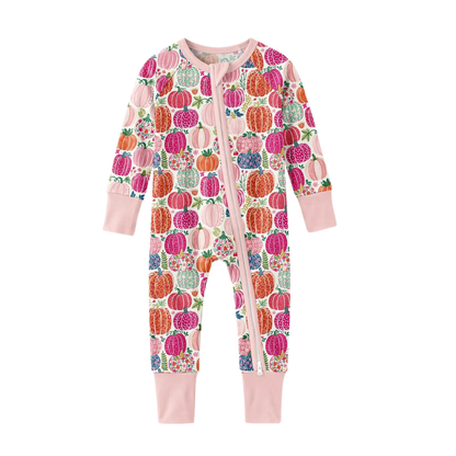 Pumpkin Floral Pink Baby Convertible Zippy Romper, Pumpkin Romper Convertible For Baby Girl BB0823