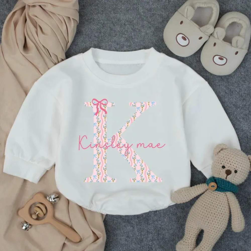 Custom Monogrammed Name Floral Baby Romper Sweatshirt, Personalized Name Romper Sweatshirt For Baby BB0591