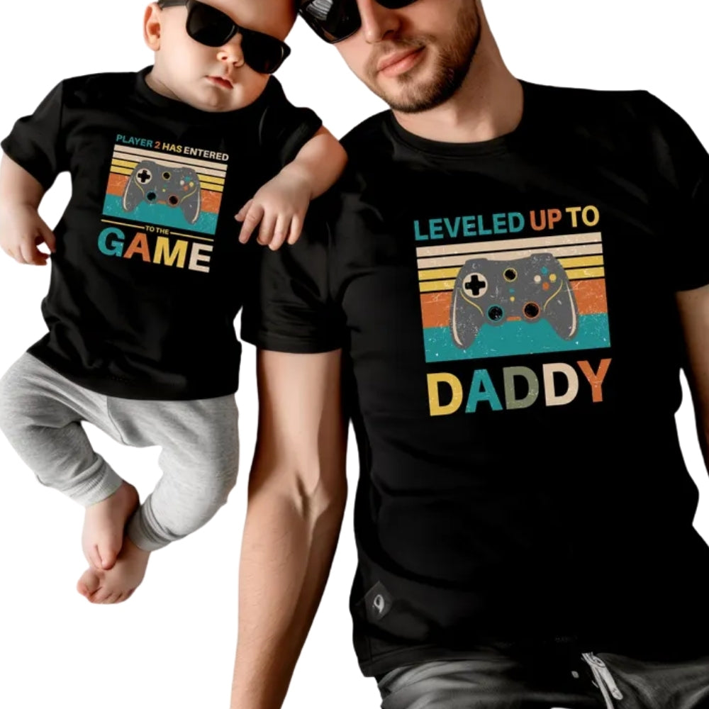Leveled Up To Daddy Player 2 Has Entered To The Game Matching Dad Son Pregnancy Announcement T Shirt, Game Baby Reveal Matching For Dad Baby ET0974