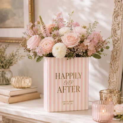 A New Chapter Begin Custom Green Striped Ceramic Book Vase, Personalized Engaged Wedding Keepsake Book Vase WD0985