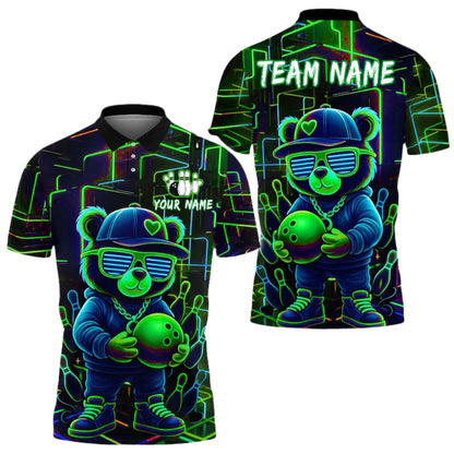 Custom Teddy Bear Neon Graffiti Bowling Polo Shirt For Men, Custom Bear Bowling Team Shirts BE0145