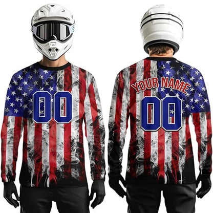 Custom Amrican Flag Smoke Long Sleeve Dirt Bike Shirt For Men, Custom Patriotic Dirt Bike Shirts MZ0019