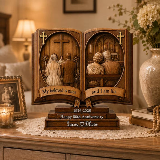 My Beloved Me And I Am His Custom Christian 50th Wedding Anniversary Layer Wooden Plaque, Personalized Christian 50th Wedding Anniversary Keepsake Wooden Block WD0884