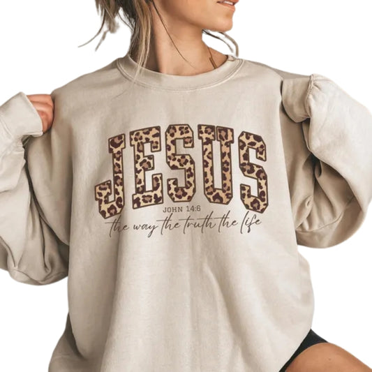 Jesus The Way The Truth The Life Leopard Sweatshirt, Cheetah Print Bible Verse Christian Jesus Sweatshirt 2D0281