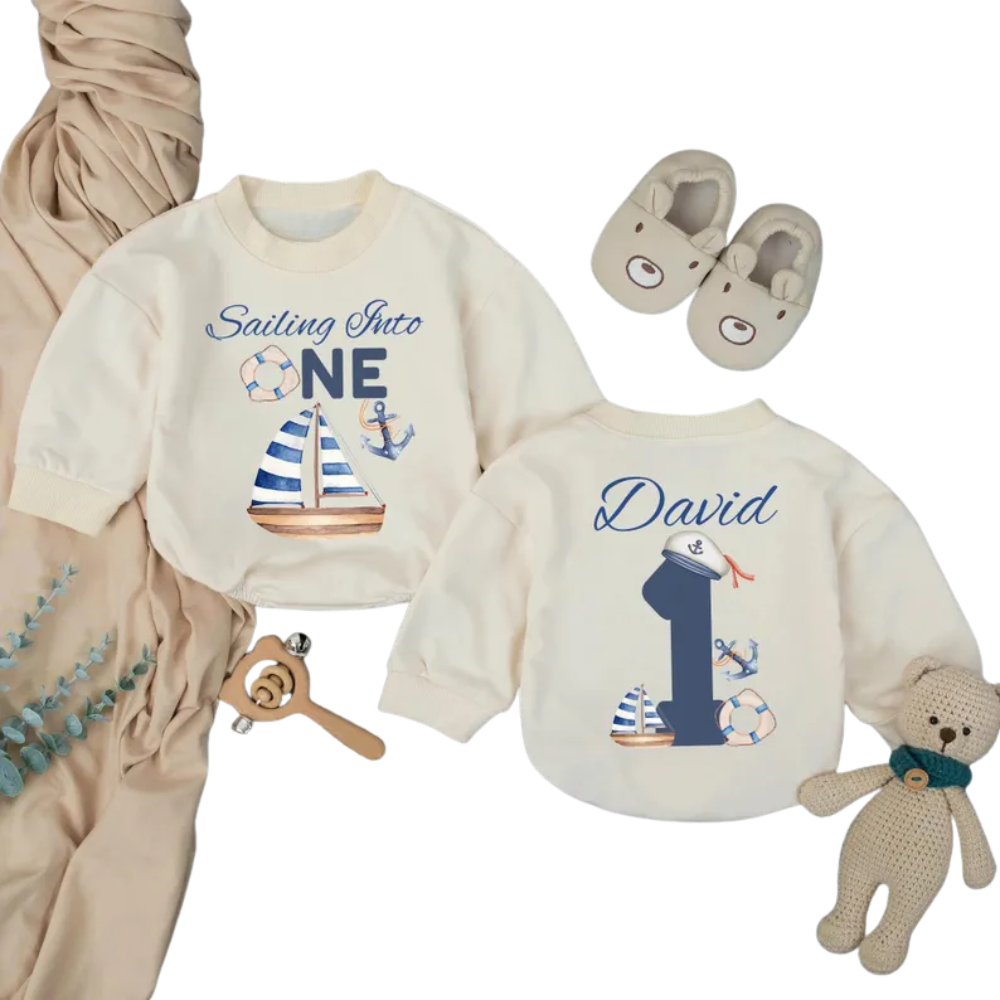 Custom Sailing Into One Baby Romper Sweatshirt, Custom Sailor First Birthday Romper Sweatshirt Baby BB0592