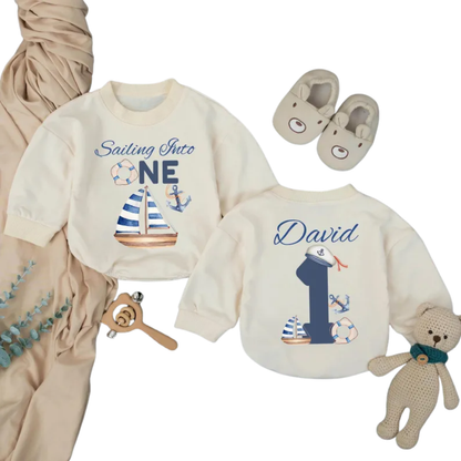 Custom Sailing Into One Baby Romper Sweatshirt, Custom Sailor First Birthday Romper Sweatshirt Baby BB0592