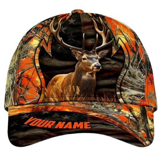 Custom Orange Camo Deer Hunting Caps, Custom Deer 3D Printed Baseball Caps For Hunting Lovers CP0256