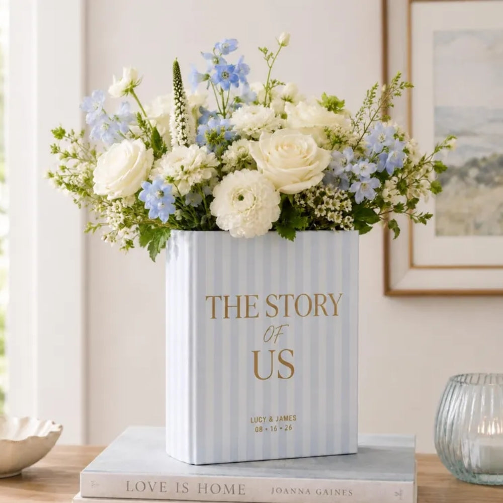 A New Chapter Begin Custom Green Striped Ceramic Book Vase, Personalized Engaged Wedding Keepsake Book Vase WD0985