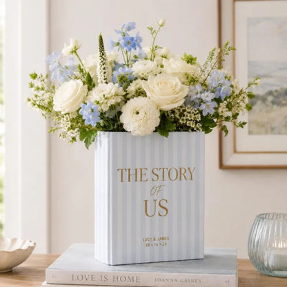 A New Chapter Begin Custom Green Striped Ceramic Book Vase, Personalized Engaged Wedding Keepsake Book Vase WD0985