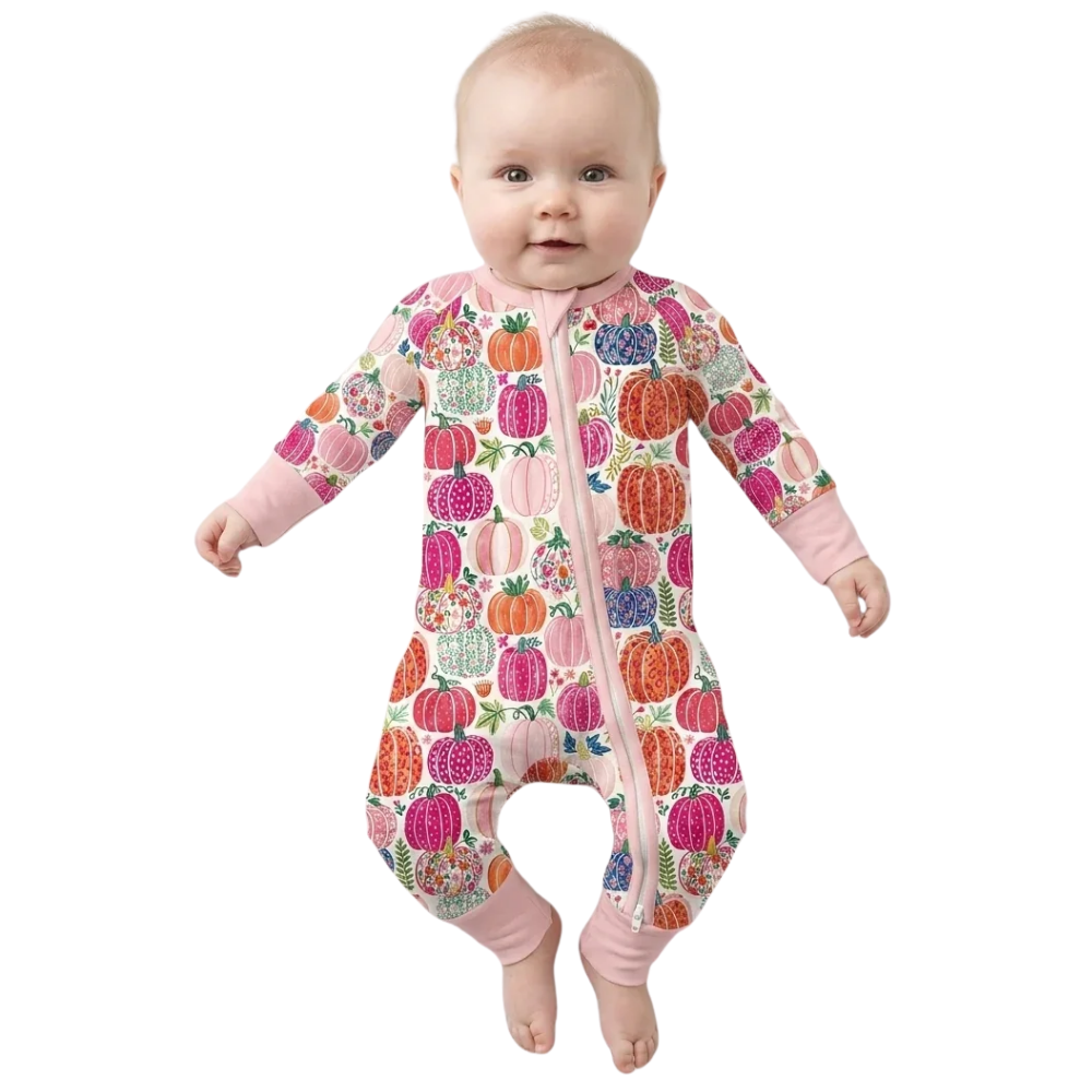 Pumpkin Floral Pink Baby Convertible Zippy Romper, Pumpkin Romper Convertible For Baby Girl BB0823
