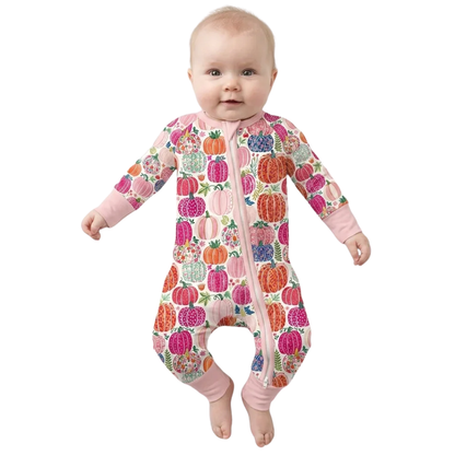 Pumpkin Floral Pink Baby Convertible Zippy Romper, Pumpkin Romper Convertible For Baby Girl BB0823