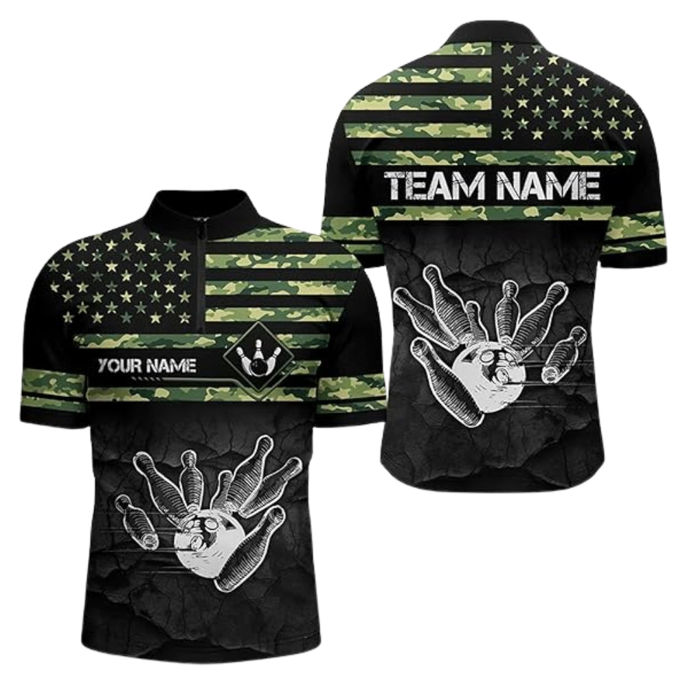 Custom Green Camouflage American Flag Bowling Jersey For Men, Custom Camo Patriotic Bowling Team Shirts BZ0349