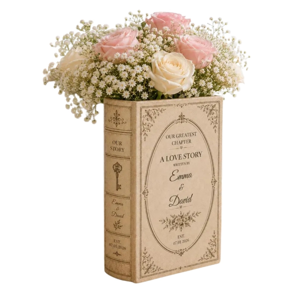 Our Greatest Chapter Personalized Engagement Flower Ceramic Book Vase, Custom Engaged Wedding Vase WD0365